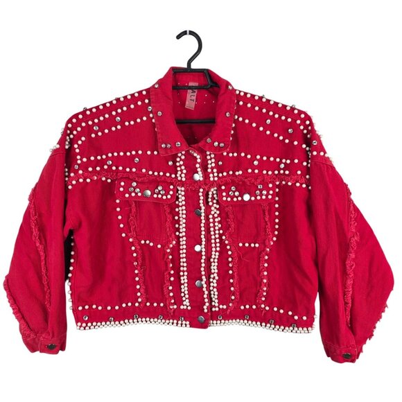 Womens Salt Red Pearl & Rhinestone Embellished Cropped Denim Jacket Button Up S - Picture 1 of 8